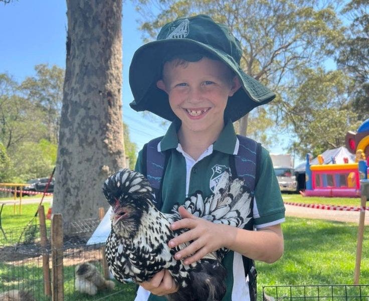 A student holding a chicken at the Nowra Show.
